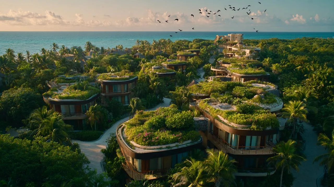Vista aérea de las viviendas ecológicas frente al mar
